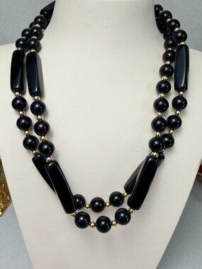 Vintage Black Lucite Beaded Necklace Gold Tone Spacer Chunky Statement